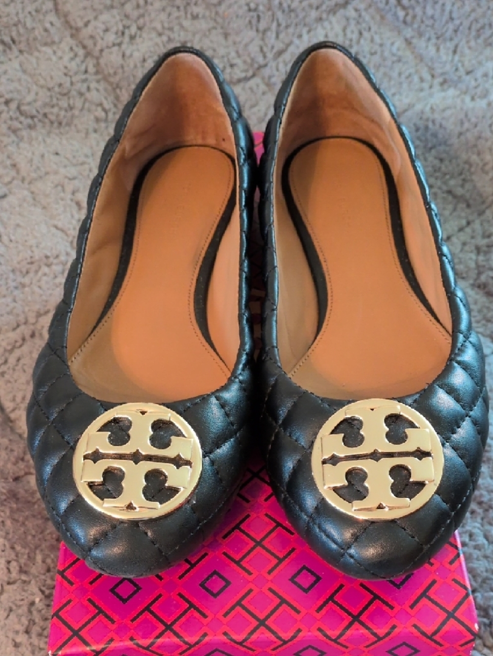 Tory Burch Black Quilted Leather Logo Ballet Flats with Gold Emblem - Picture 2 of 12